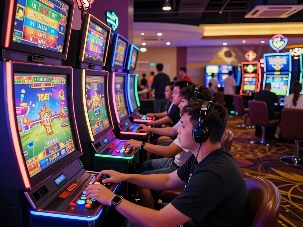 Pemain yang bersemangat di mesin permainan situs slot gacor di suasana kasino yang meriah.