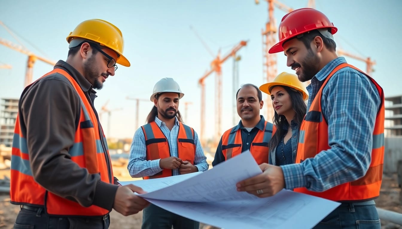 Team of professionals discussing plans at a construction site for southern california contractors association.