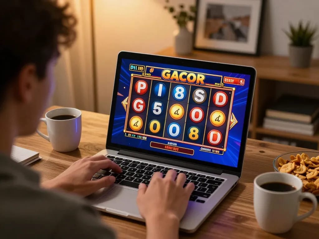 Engaging in slot gacor gameplay on a laptop while enjoying a cozy home atmosphere.