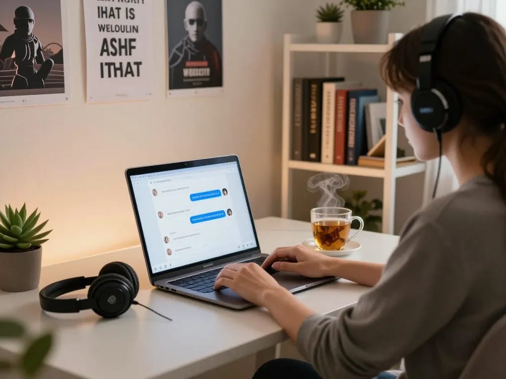 Engaging in an NSFW AI chat while seated in a cozy home office, showcasing modern tech elements.