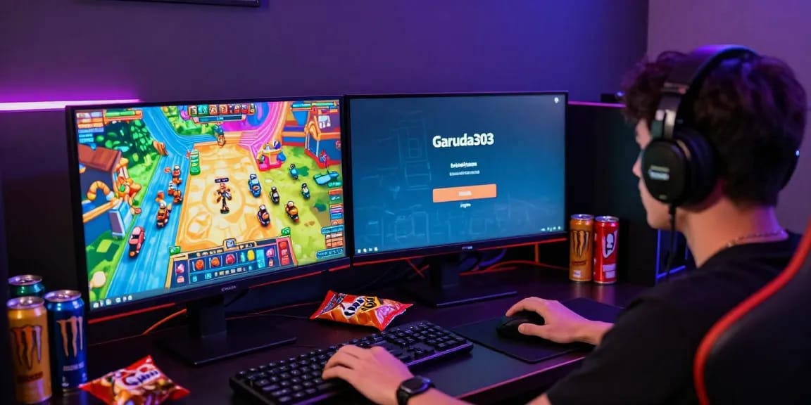 Player experiencing excitement while using the garuda303 login for online games in a vibrant gaming room.
