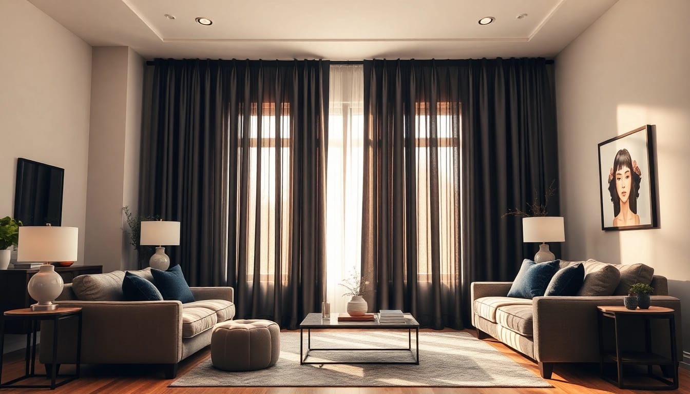 Bekijk verduisterende gordijnen in een moderne woonkamer met stijl en elegantie.