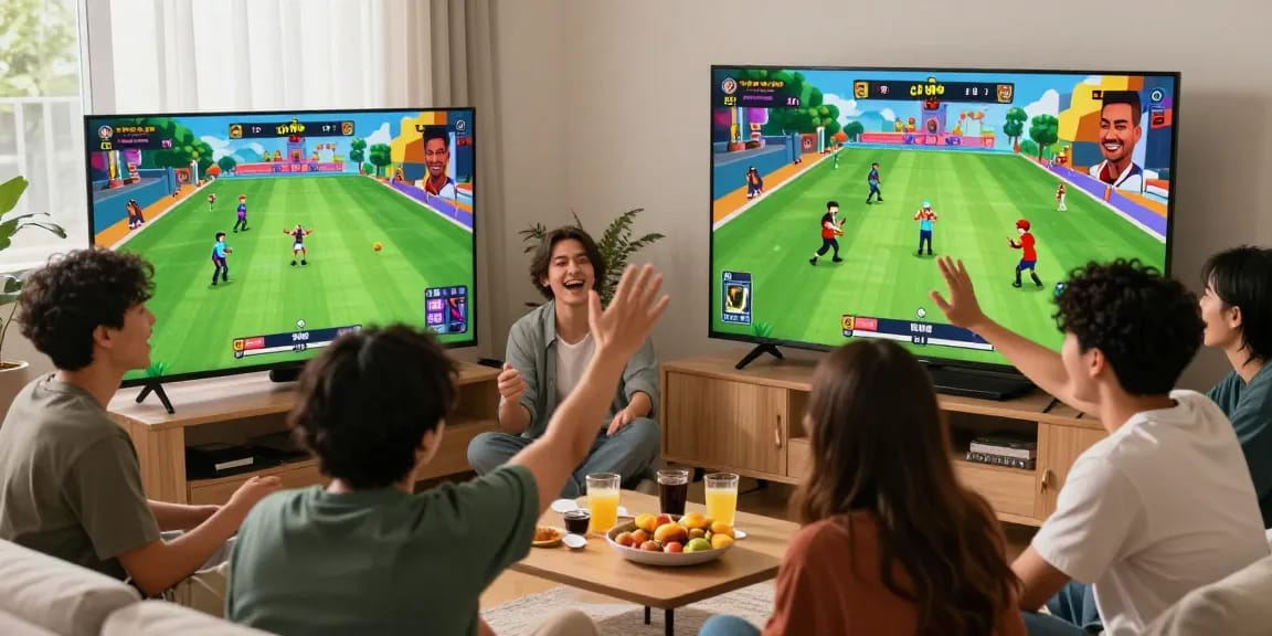 Exciting scene from a smash or pass game with friends enjoying AI-generated images, vibrant atmosphere.
