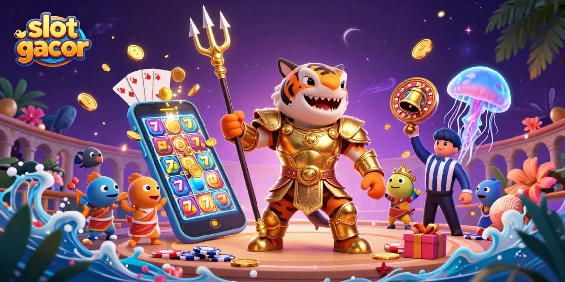 Slot gacor menampilkan hiu kartun 3D dengan armor ksatria, bermain slot di latar koloseum.