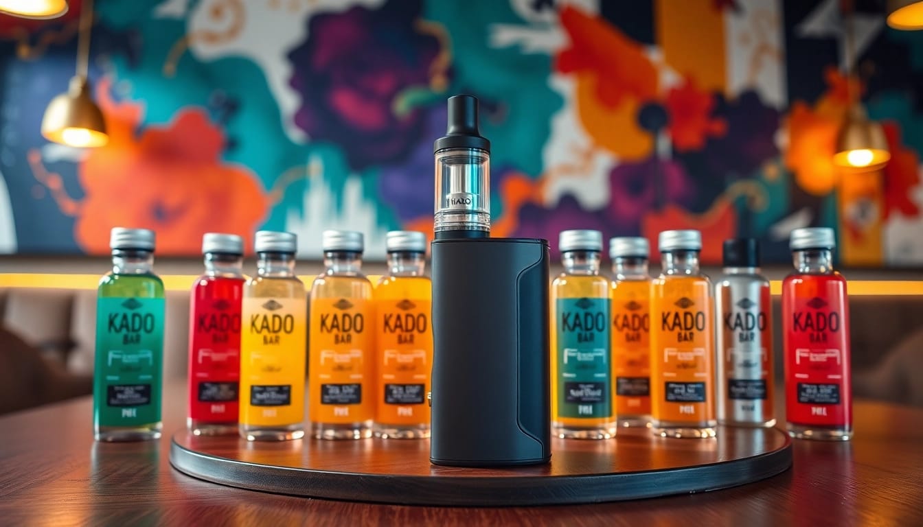 Indulge in Kado Bar flavors displayed in a modern vape lounge, capturing vibrant essence.