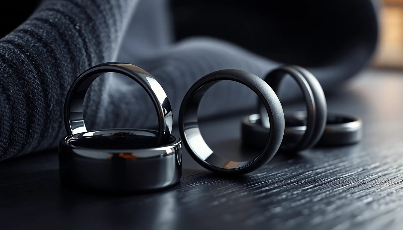Showcase of black wedding rings for men featuring various designs and textures.