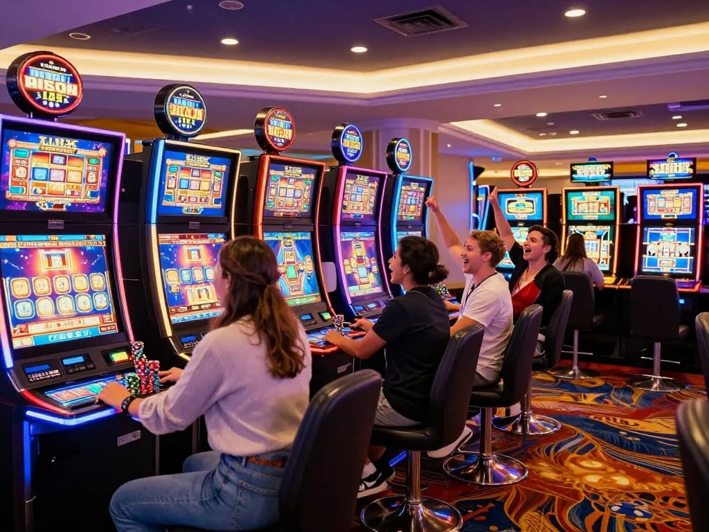 Sekelompok orang menikmati mesin slot link di kasino Las Vegas yang meriah, dengan lampu permainan berwarna-warni dan suasana yang hidup.