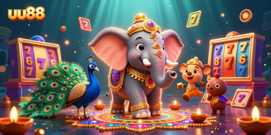 uu88 showcases a vibrant 3D casino scene featuring animated slot reels and a playful elephant.