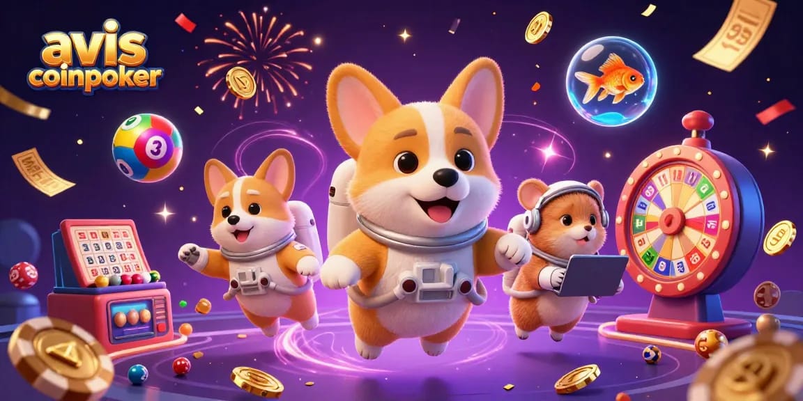 Découvrez l'avis CoinPoker avec des animations de casino et des personnages flottants captivants.