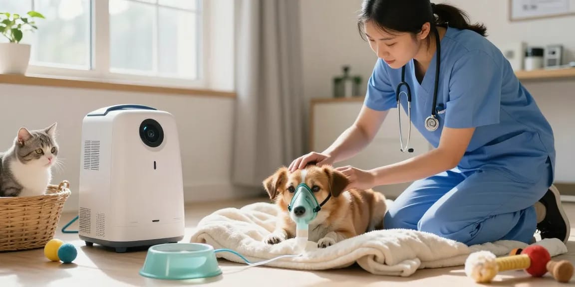 Providing pet oxygen support to a small dog with a mask in a caring indoor setting.