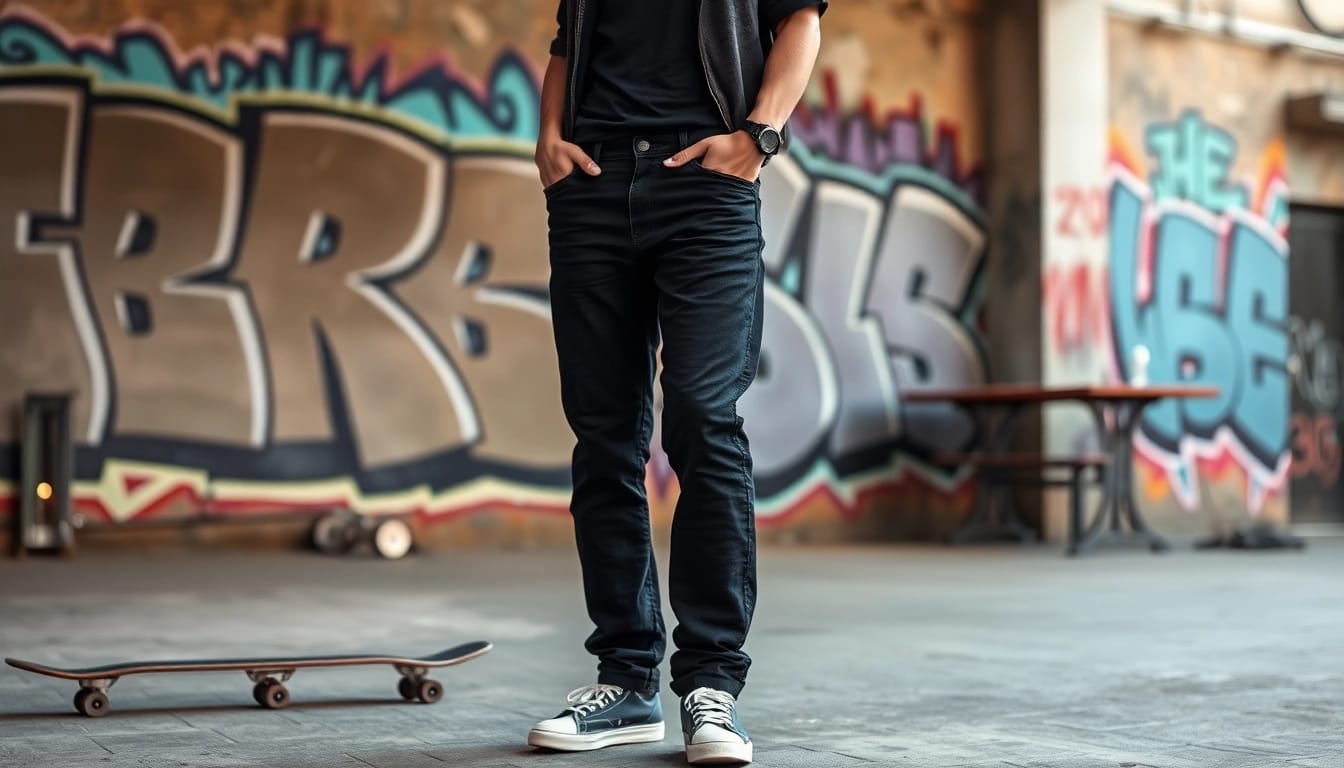 Model wearing baggy black jeans against a vibrant urban backdrop with stylish decor.