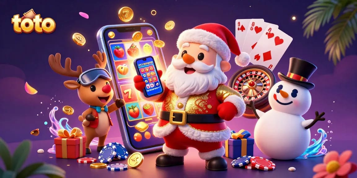 Join the fun with toto-themed jackpot slots as Santa and friends celebrate at a vibrant casino.