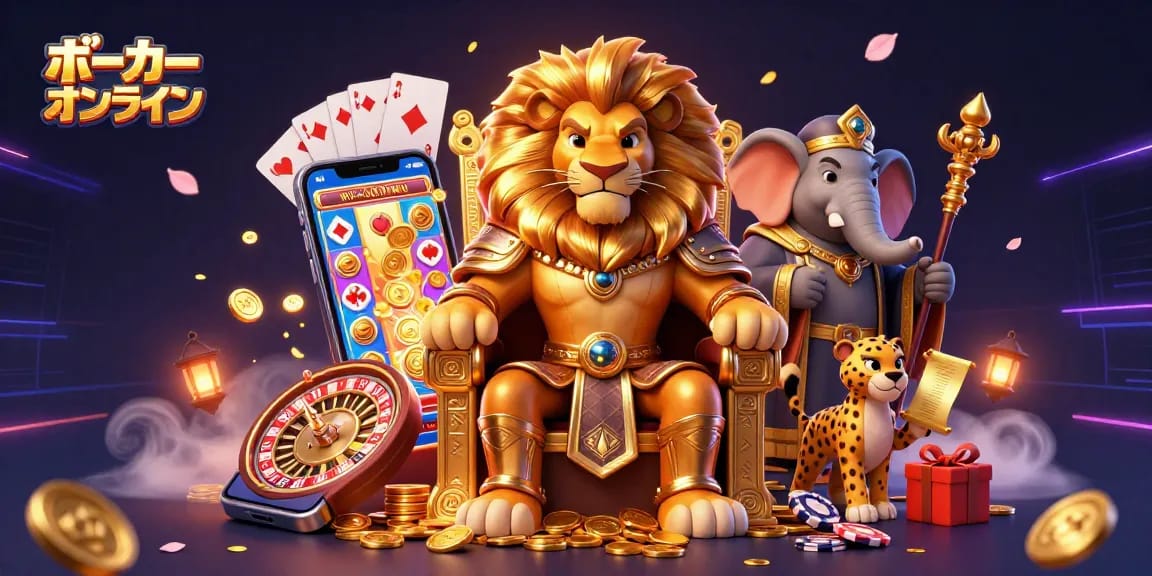 ポーカーオンラインでのスリリングな体験を描いたイラスト、王様のライオンが金貨の玉座に座る。