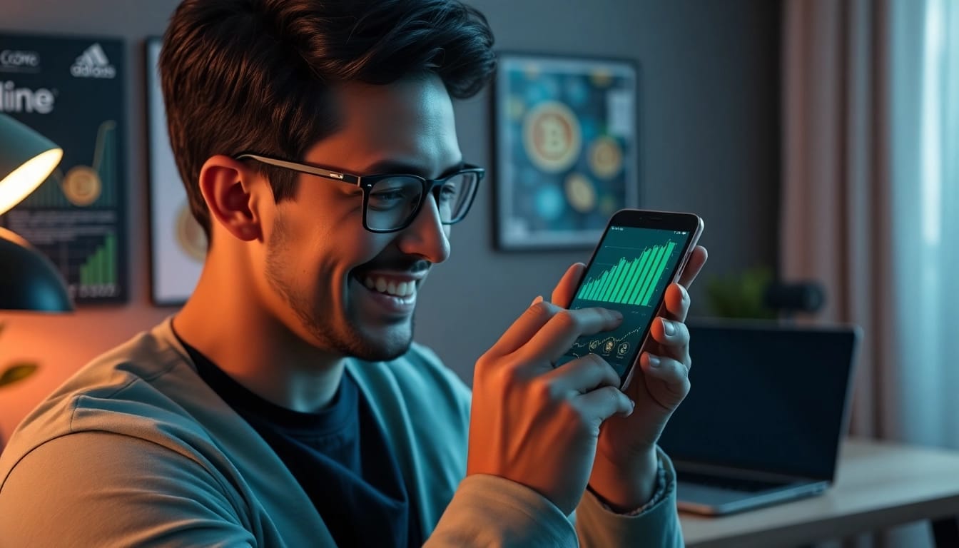 Engaging with a crypto mining app on a smartphone in a modern workspace.