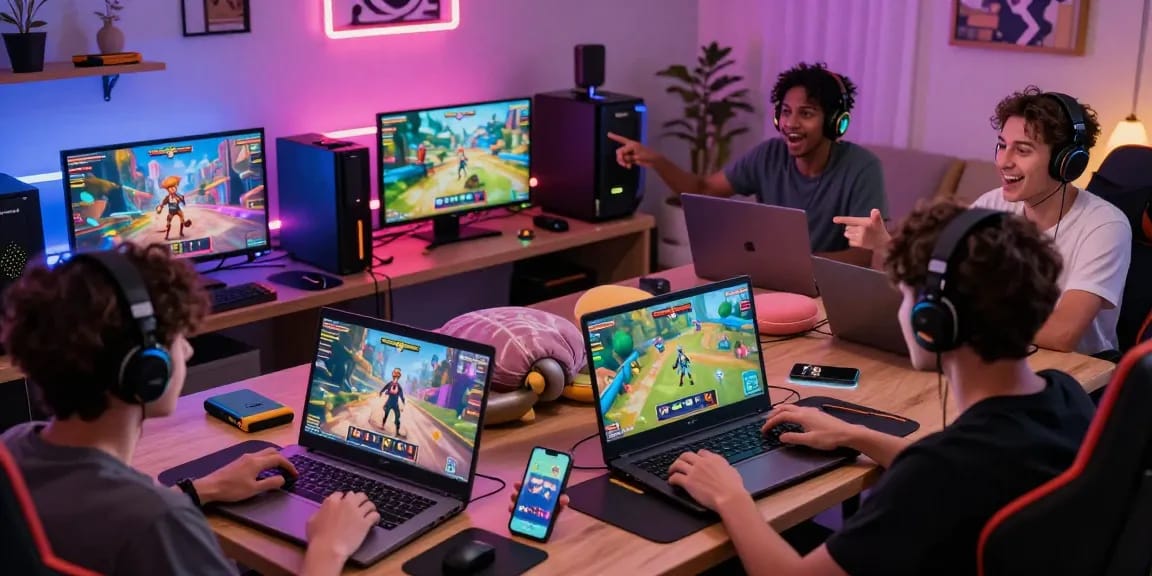 Engaging scene of players enjoying free porn games on various devices in a cozy, vibrant gaming room with colorful LED lights.