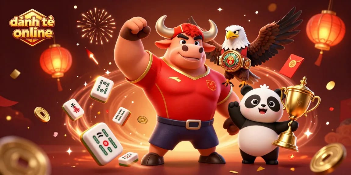 Experience the excitement of đánh đề online with a vibrant 3D celebration featuring a strong bull, eagle, and joyful panda.