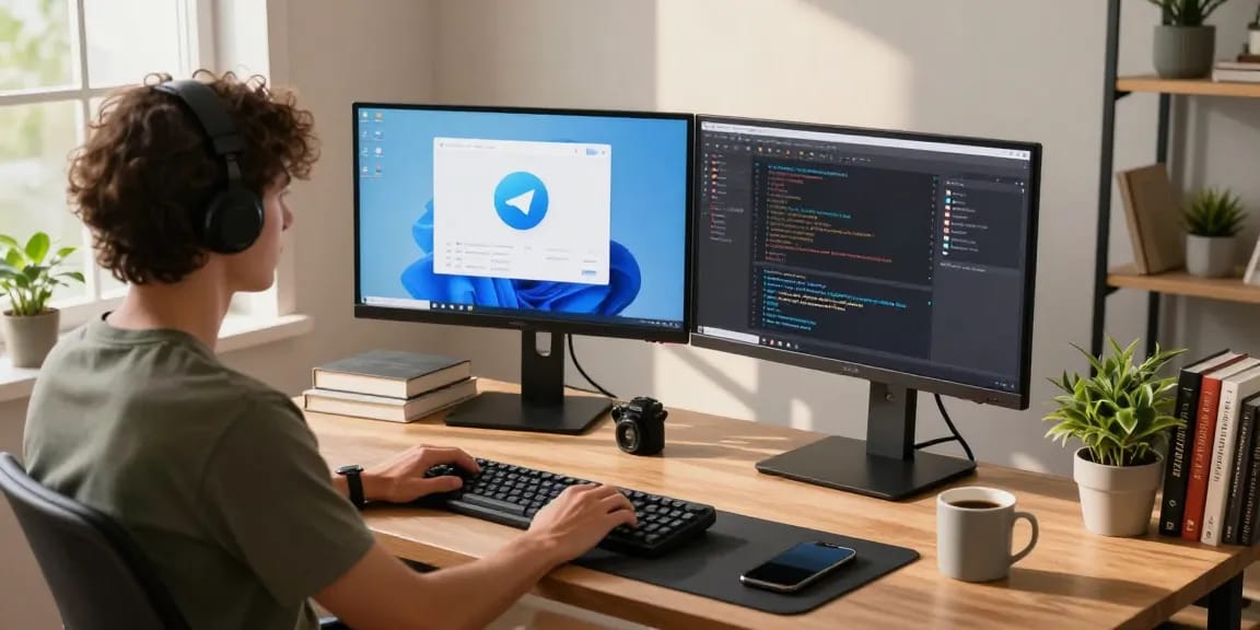 Developer focused on 纸飞机中文版 in a modern workspace with dual monitors and coding tools.