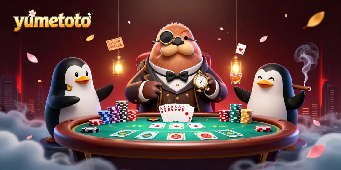Yumetoto banyak permainan seru dengan walrus ceria di meja poker bawah laut.
