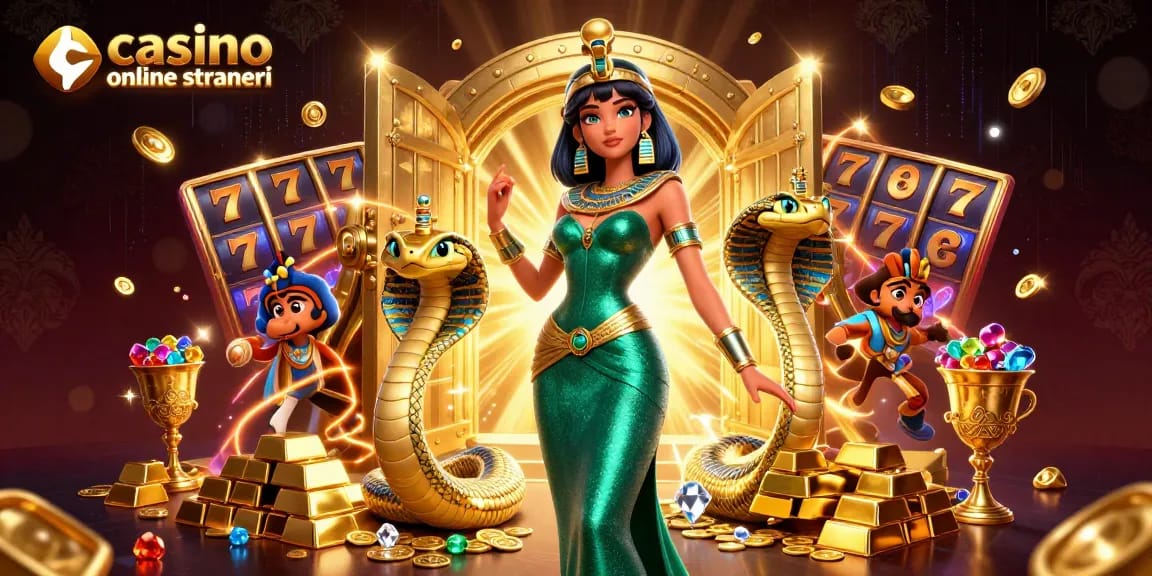 Scopri l'emozione dei casino online stranieri con una donna glamour, tesori d'oro e giochi di slot.