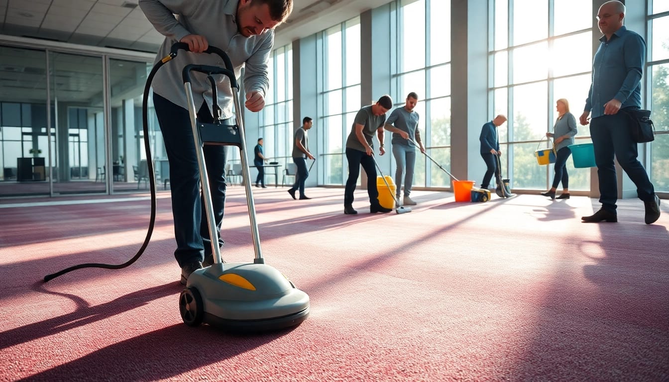 Commercial carpet cleaners effectively cleaning a vibrant office carpet with modern equipment.