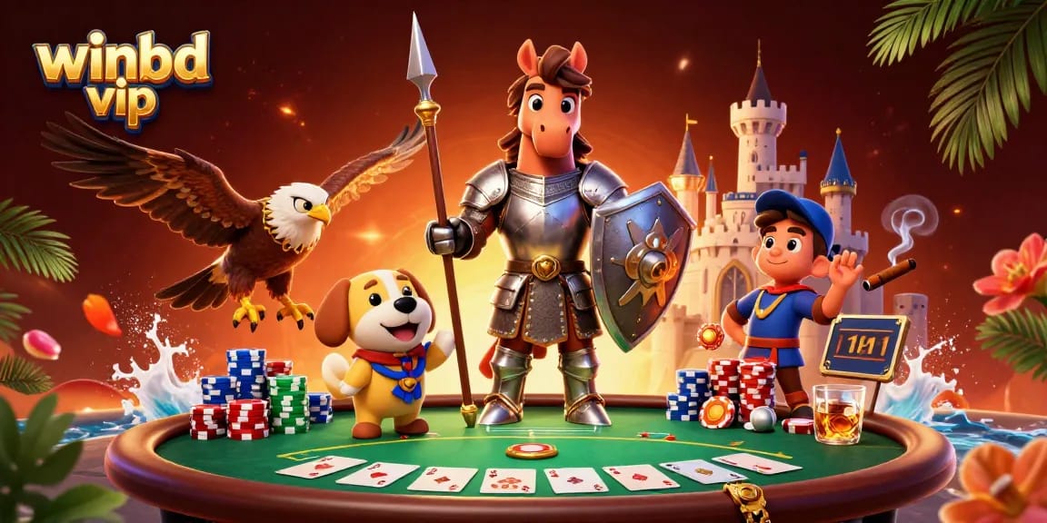 Play exciting games with winbd vip at a dynamic casino scene featuring vibrant poker elements and characters.