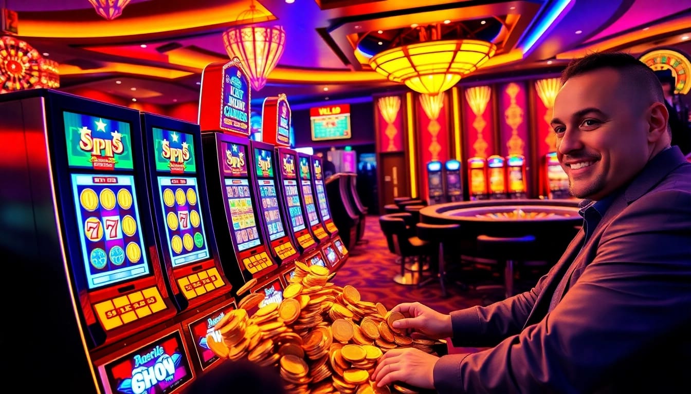 Bermain di slot depo 1K dengan mesin slot bersinar dan suasana kasino yang hidup.