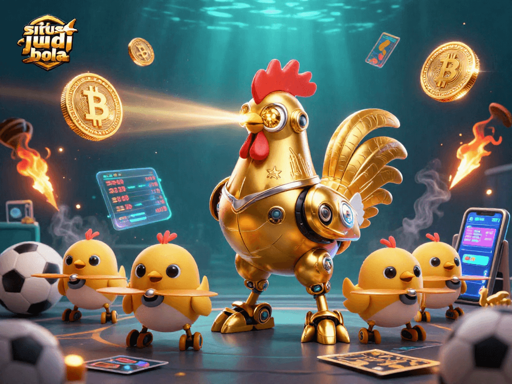 Exciting sports betting action with situs judi bola focused graphics and glowing crypto elements.