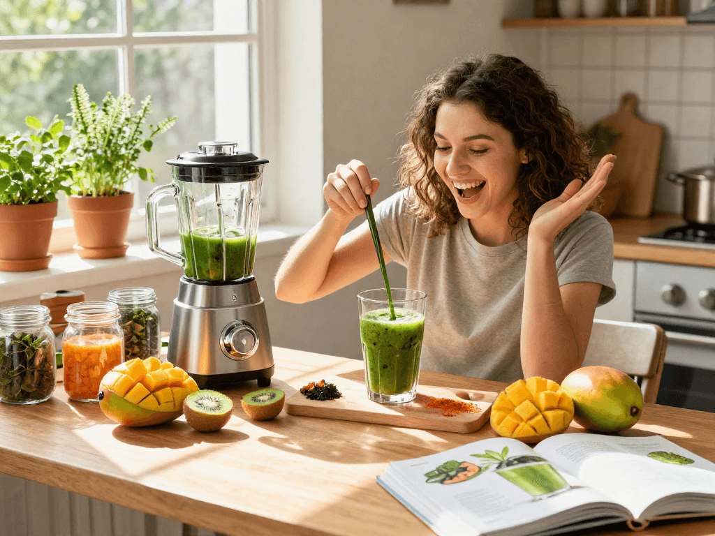Delicious smoothie preparation featuring microalgae astaxanthin in a bright kitchen.