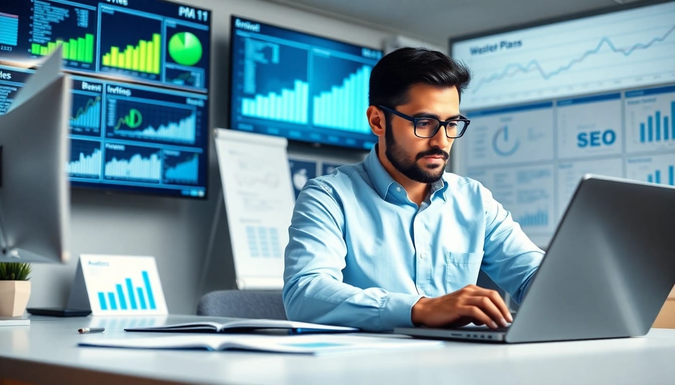 Professionelle suchmaschinenoptimierung in einem modernen Büro mit detaillierten Analysen.