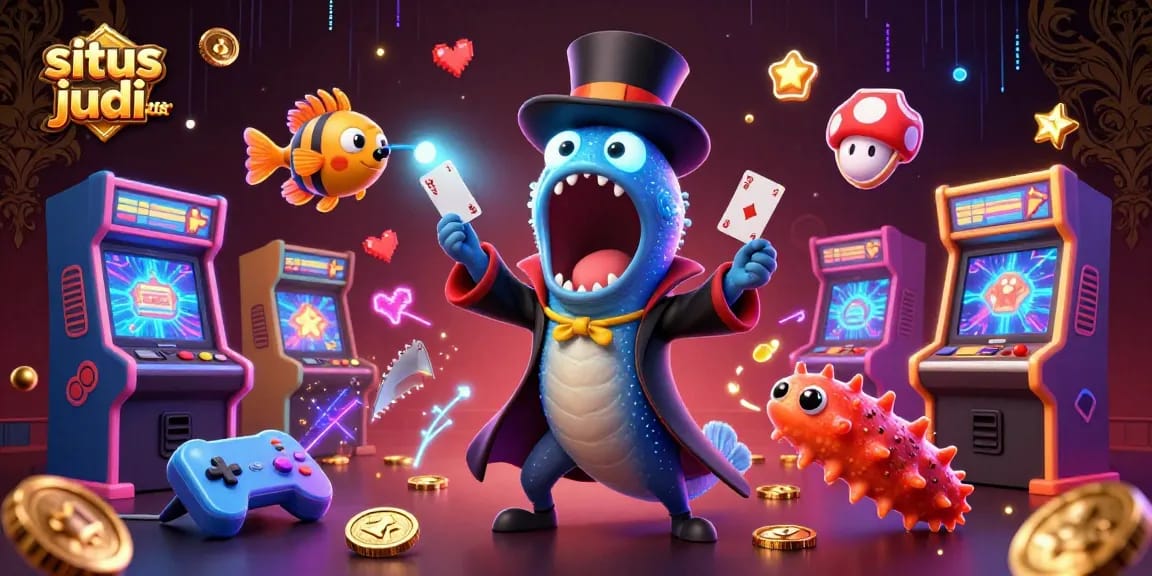 Engage in situs judi bola with vibrant deep-sea creatures performing magic tricks amidst casino elements.