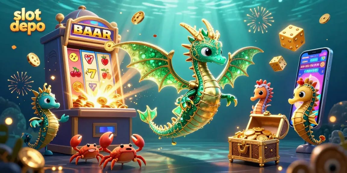 Experience the thrill of slot depo gameplay with a magnificent sea dragon and jackpot symbols bursting forth.