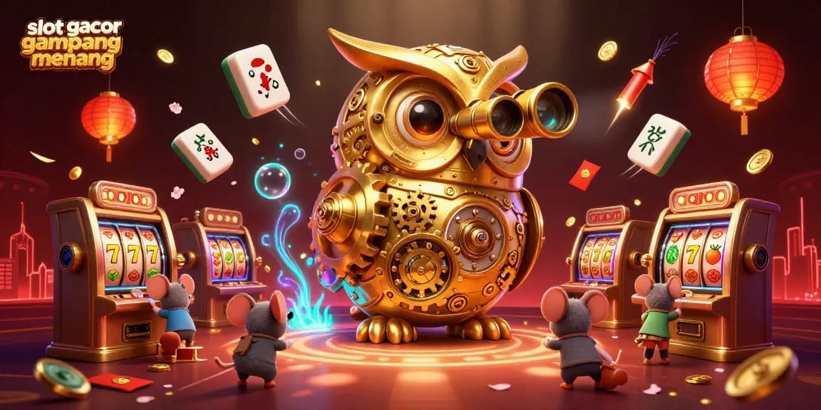 Slot gacor gampang menang dengan gambar angsa emas yang mengawasi permainan slot di kasino.