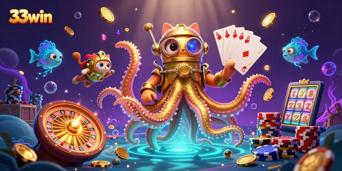 Spin to win at 33win with vibrant casino-themed illustration showcasing a kraken and treasure