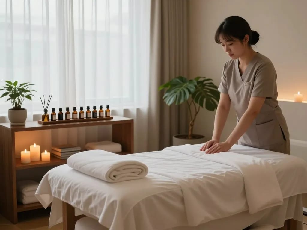 Inviting atmosphere of a massage room emphasizing 역삼동마사지 comfort and relaxation.