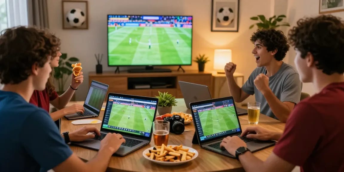 Engaged players at home using 鉅城娛樂城 for football betting while discussing strategies and enjoying the match, 閱讀更多 for insights.