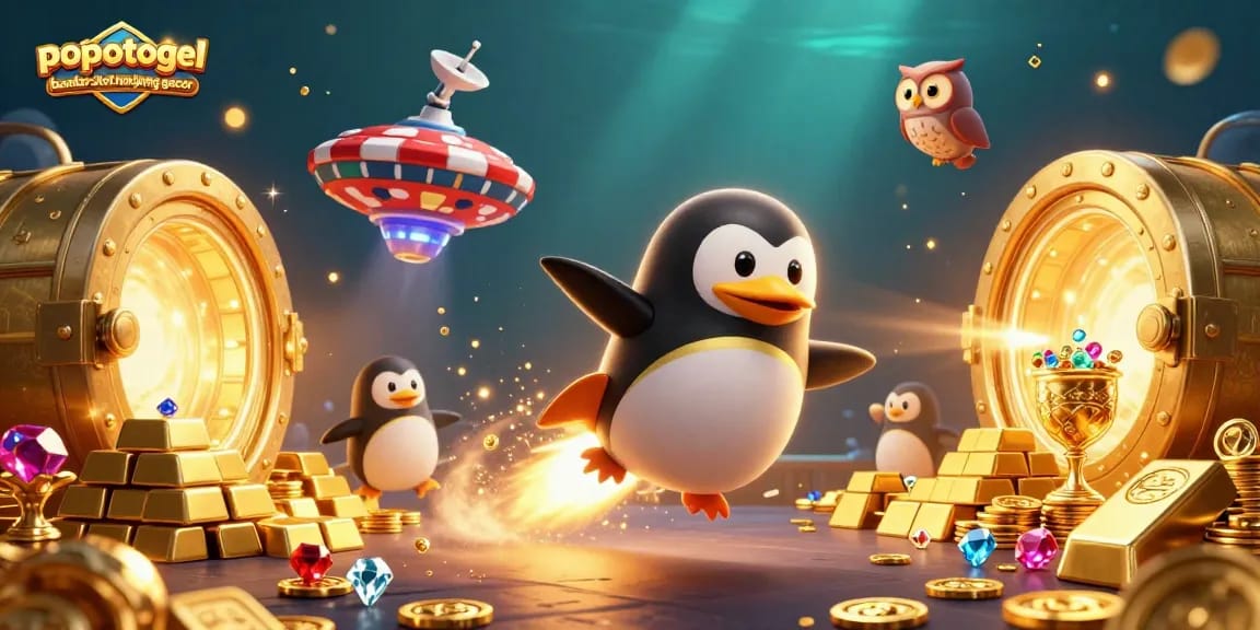 Engage with popotogel bandar slot mahjong gacor featuring a golden penguin and dynamic casino elements in a vibrant space.