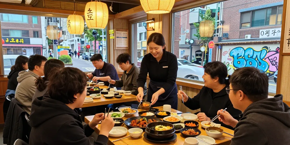 Family dining at 상봉동 한국관, enjoying traditional Korean dishes in a vibrant urban setting.