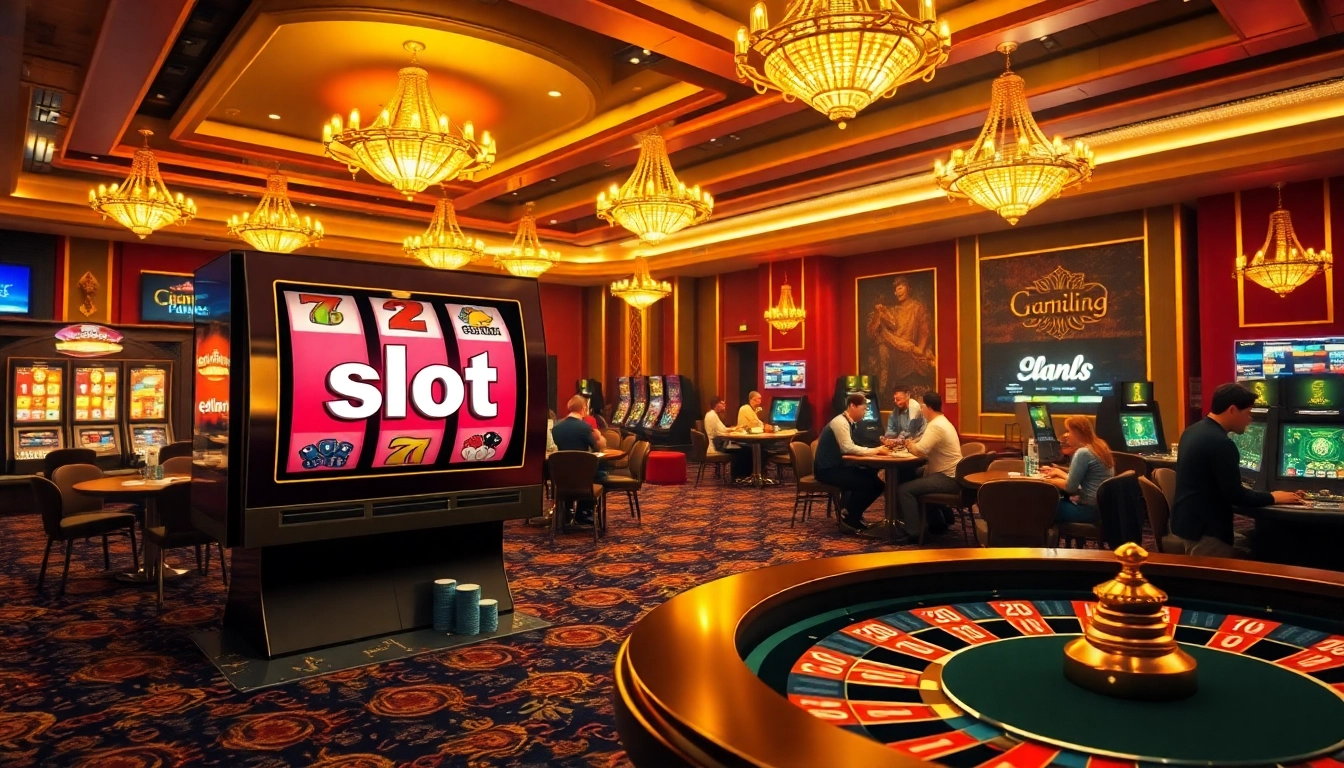 Exciting gameplay at a luxury casino featuring slot pragmatic machines surrounded by eager players.