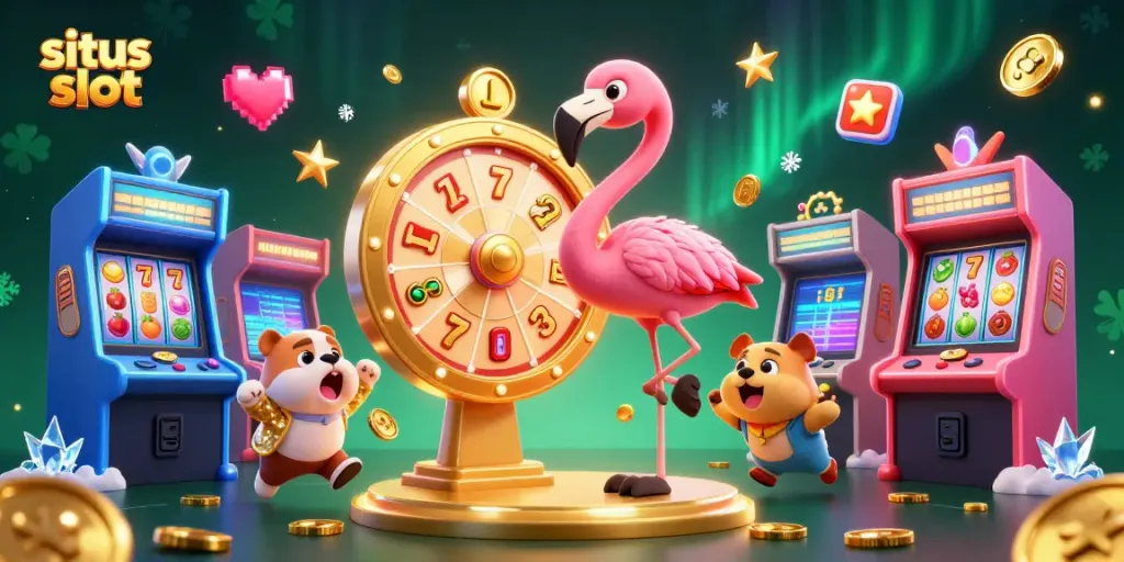Engaging scene showcasing situs slot excitement with a flamingo host spinning a prize wheel alongside amazed contestant and scoreboard assistant.