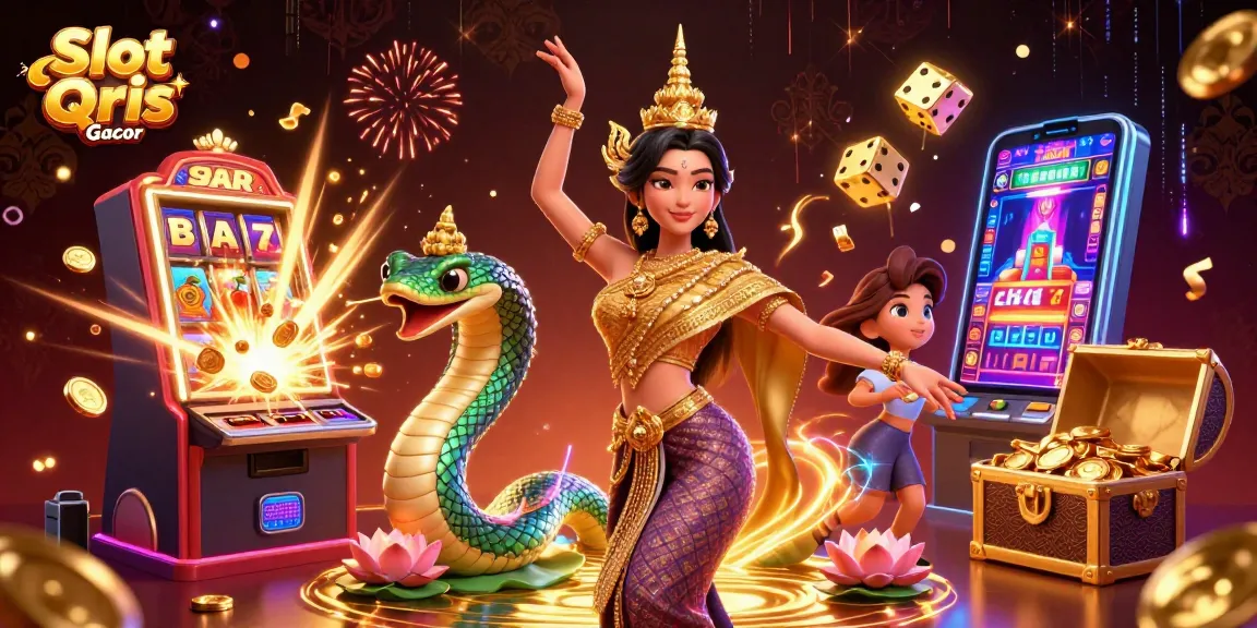 Play Slot Qris Gacor for a chance to win big, featuring a vibrant 3D scene of captivating casino elements.
