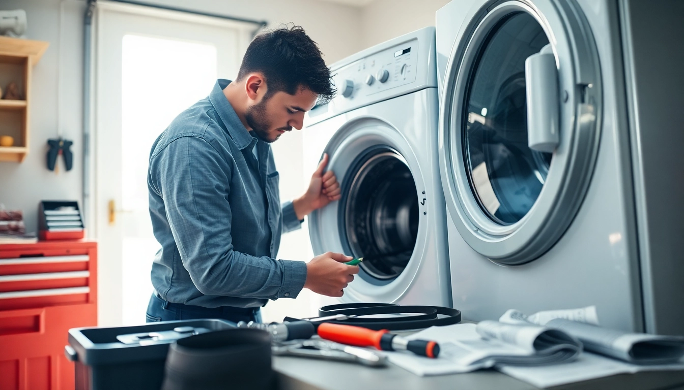 Fix dryer by a professional technician demonstrating repair techniques and tools.
