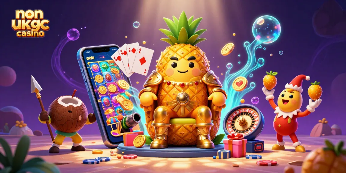 Experience the thrill of a non ukgc casino with a vibrant scene featuring a golden pineapple king and tropical guardians.