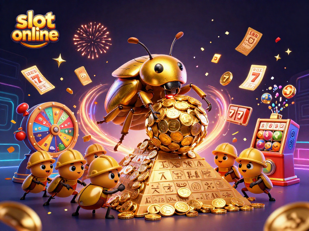 Experience the thrill of slot online with dynamic elements featuring golden coins, beetles, and colorful symbols in a vibrant casino setting.