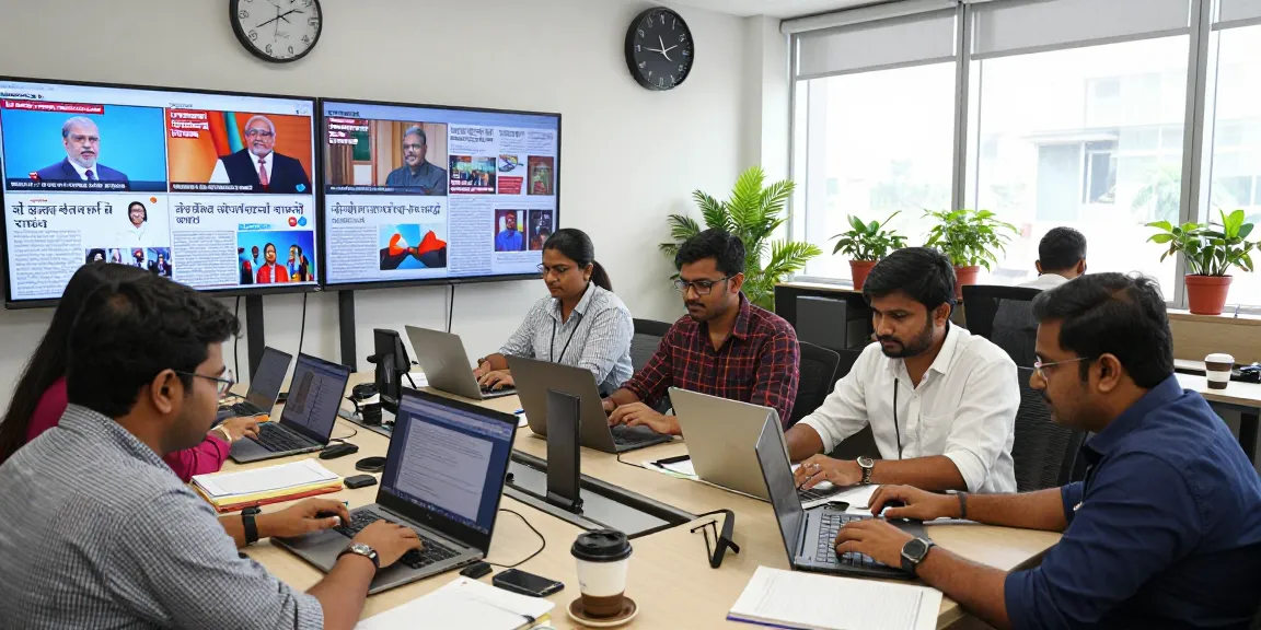 Journalists at https://www.theindaily.com collaborating in a vibrant newsroom on India's latest news updates.