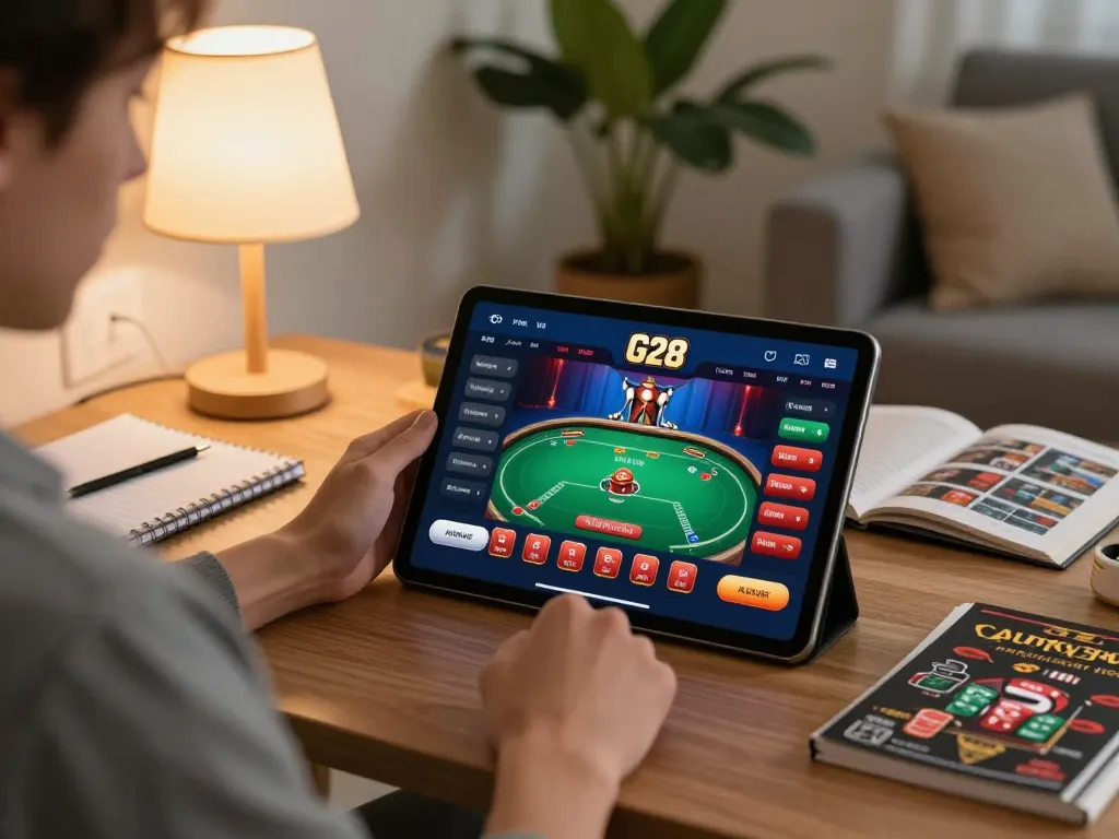 Player enjoying G28 online poker on a tablet in a cozy home setting, showcasing strategic gaming.