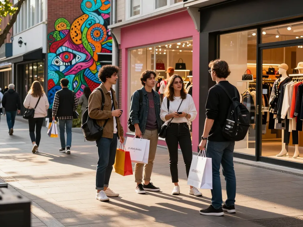 Stylish individuals at a 레플리카 사이트 shopping district exploring trendy outfits and accessories.