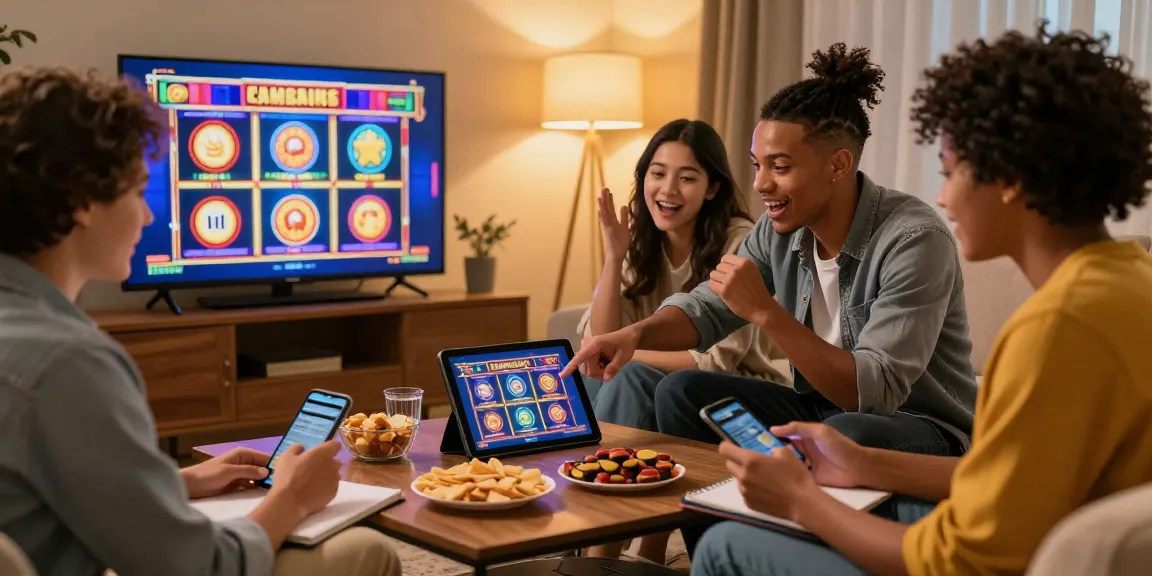 Friends exploring online casinos that accept credit cards in a cozy living room with vibrant slot games displayed.