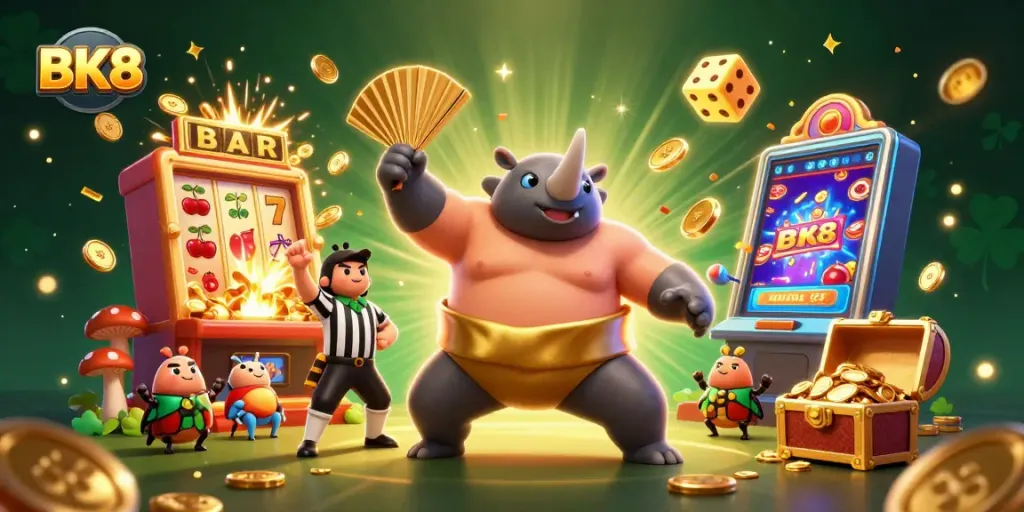 Experience thrilling wins at BK8 with a vibrant casino scene featuring a beetle champion celebrating a jackpot!