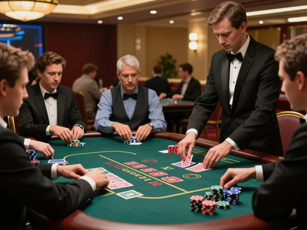 Engaging blackjack table scene showcasing top quality widgets at a luxurious casino with focused players.