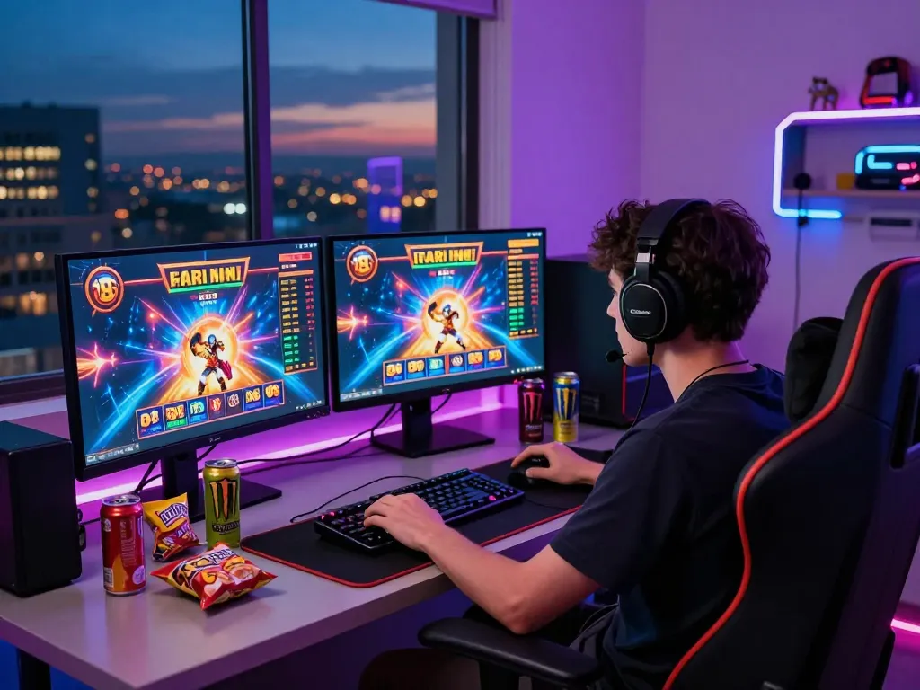 Engaging player enjoying slot gacor hari ini with vibrant gaming setup and cityscape view.
